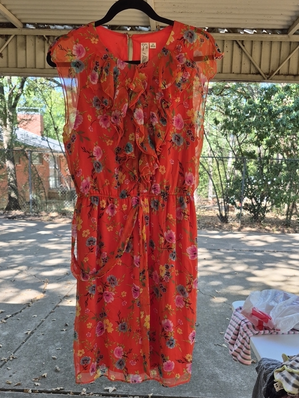 Emma & Michele Coral Floral Ruffle Tie-Waist Midi Dress